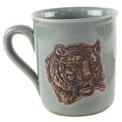 Celadon ceramic mug, 'Tiger's Taste' - Hand Painted Celadon Ceramic Tiger Mug from Thailand