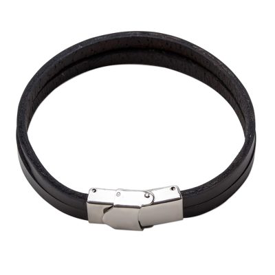 Black Leather Double Wristband Bracelet from Thailand