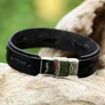 Leather wristband bracelet, 'Roadside Stroll in Black' - Hand Crafted Black Leather Wristband Bracelet from Thailand