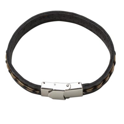 Leather Wristband Bracelet in Black and Tan from Thailand