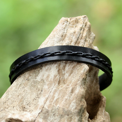 Leather wristband bracelet, 'The Road Ahead in Black' - Simplistic Leather Wristband Bracelet in Black from Thailand