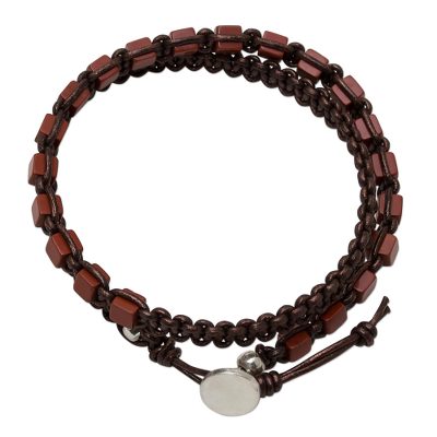 Jasper and leather wrap bracelet, 'Charming Stones' - Handmade Red Jasper and Leather Wrap Bracelet from Thailand