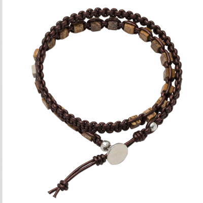 Jasper and leather wrap bracelet, 'Stone Charms' - Handmade Jasper and Leather Wrap Bracelet from Thailand
