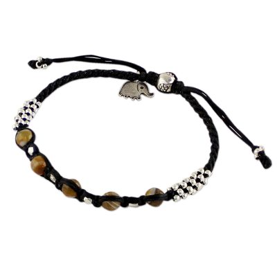 Thai Silver and Agate Beaded Cord Bracelet with Elephant