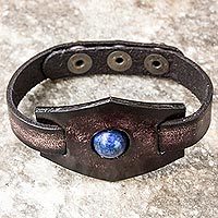 Lapis lazuli and leather wristband bracelet, 'Blue Soul' - Leather and Lapis Lazuli Adjustable Snap Bracelet