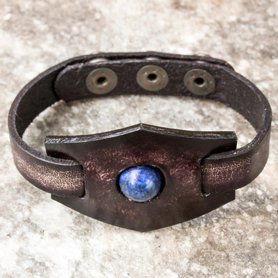 Lapis lazuli and leather wristband bracelet, Blue Soul
