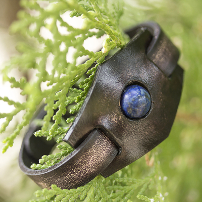 Lapis lazuli and leather wristband bracelet, 'Blue Soul' - Leather and Lapis Lazuli Adjustable Snap Bracelet