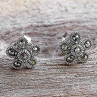 Marcasite stud earrings, 'Pretty Blossoms'