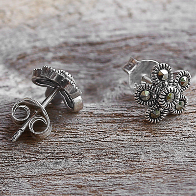 Marcasite stud earrings, 'Pretty Blossoms' - Sterling Silver and Marcasite Flower Stud Earrings
