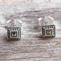 Aretes de marcasita, 'Gorgeous Love' - Aretes cuadrados de plata de ley y marcasita