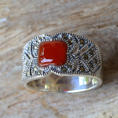 Chalcedony and marcasite single stone ring, 'Deep Orange' - Chalcedony and Marcasite Single Stone Ring from Thailand