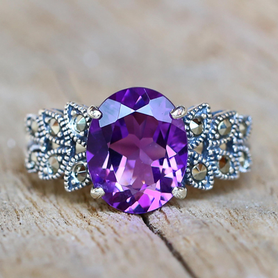 Amethyst and marcasite cocktail ring, 'Purple Queen' - Amethyst and Marcasite Cocktail Ring from Thailand