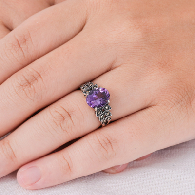 Amethyst and marcasite cocktail ring, 'Purple Queen' - Amethyst and Marcasite Cocktail Ring from Thailand