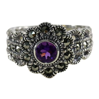 Amethyst and marcasite cocktail ring, 'Glistening Daisy' - Amethyst and Marcasite Cocktail Ring from Thailand