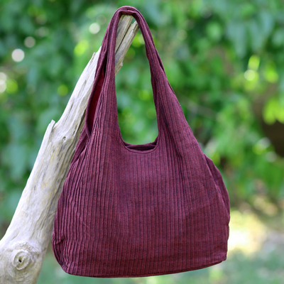 Cotton shoulder bag, 'Thai Texture in Wine' - 100% Cotton Textured Shoulder Bag in Wine from Thailand