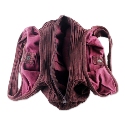 Cotton shoulder bag, 'Thai Texture in Wine' - 100% Cotton Textured Shoulder Bag in Wine from Thailand