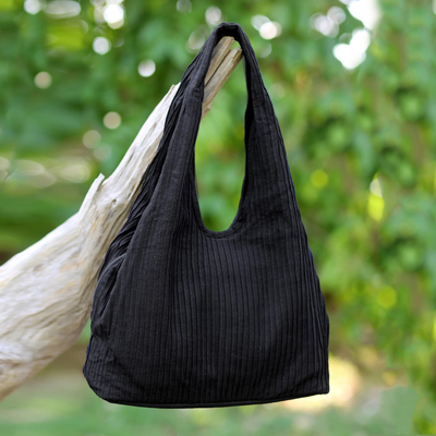 Cotton shoulder bag, 'Thai Texture in Black' - 100% Cotton Textured Shoulder Bag in Black from Thailand