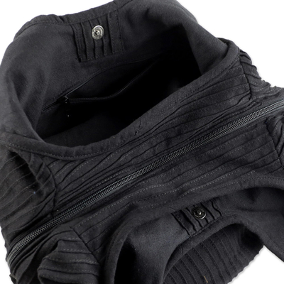 Cotton shoulder bag, 'Thai Texture in Black' - 100% Cotton Textured Shoulder Bag in Black from Thailand