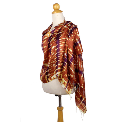 Silk shawl, 'River Sands' - Hand Woven Tie Dye Silk Shawl in Pumpkin and Purple Thailand