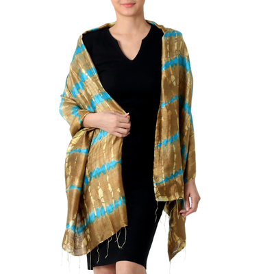 Silk shawl, 'Shifting Sands' - Tie-Dyed Silk Shawl in Sand and Cyan Stripes from Thailand
