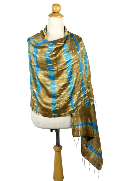 Silk shawl, 'Shifting Sands' - Tie-Dyed Silk Shawl in Sand and Cyan Stripes from Thailand