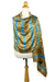 Silk shawl, 'Shifting Sands' - Tie-Dyed Silk Shawl in Sand and Cyan Stripes from Thailand (image 2b) thumbail
