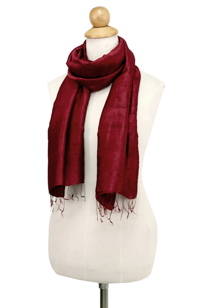Silk scarf, 'Shimmering Crimson' - Hand Woven Fringed Silk Scarf in Crimson from Thailand