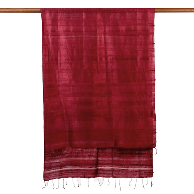 Silk scarf, 'Shimmering Crimson' - Hand Woven Fringed Silk Scarf in Crimson from Thailand