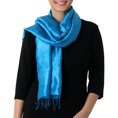 Silk scarf, 'Shimmering Cyan' - Hand Woven Fringed Silk Scarf in Cyan from Thailand