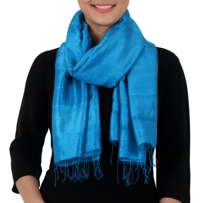 Silk scarf, 'Shimmering Cyan' - Hand Woven Fringed Silk Scarf in Cyan from Thailand