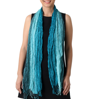 Silk scarf, 'Sweet Wonder' - Hand Woven Fringed Silk Scarf in Blue-Green from Thailand