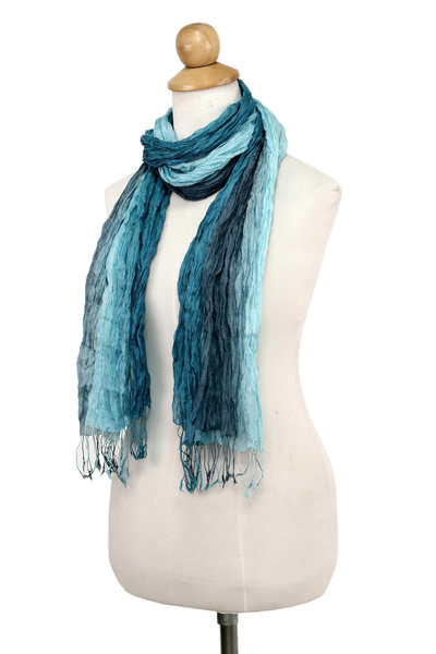 Silk scarf, 'Sweet Wonder' - Hand Woven Fringed Silk Scarf in Blue-Green from Thailand