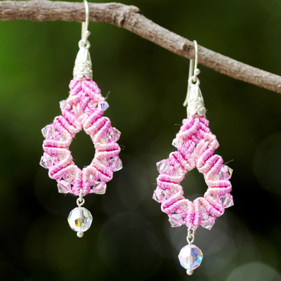 Beaded silk dangle earrings, 'Sparkling Lilies in Pink' - Silk and Glass Beaded Dangle Earrings in Pink Thailand