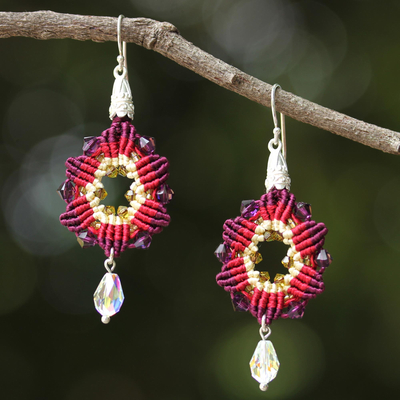 Beaded silk dangle earrings, 'Sparkling Rosettes in Maroon' - Silk and Glass Beaded Dangle Earrings in Maroon Thailand