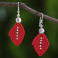 Beaded silk dangle earrings, 'Sparkling Leaves in Red' - Silk and Glass Beaded Dangle Earrings in Red from Thailand