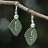 Beaded silk dangle earrings, 'Sparkling Leaves in Olive'