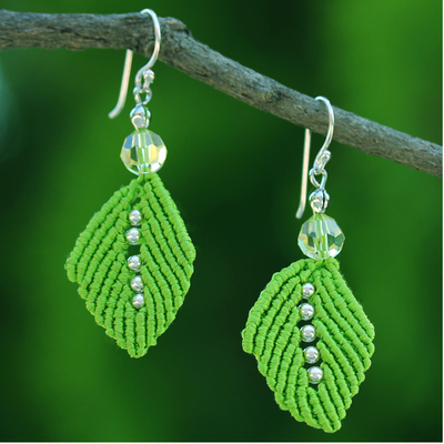 Beaded silk dangle earrings, 'Sparkling Leaves in Lime' - Silk and Glass Bead Dangle Earrings in Lime from Thailand