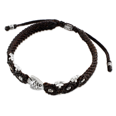 Brown Braided Bracelet with Silver Fish from Thailand