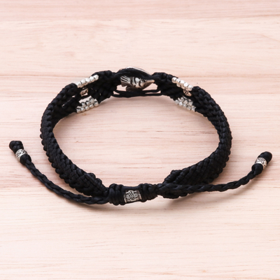 Silver beaded macrame bracelet, 'Little Fish in Black' - Hand Made Black Braided Bracelet with Silver Fish