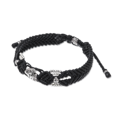 Silver beaded macrame bracelet, 'Little Fish in Black' - Hand Made Black Braided Bracelet with Silver Fish