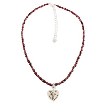 Silver and garnet pendant necklace, 'Fiery Heart' - Garnet and Silver Beaded Pendant Necklace from Thailand