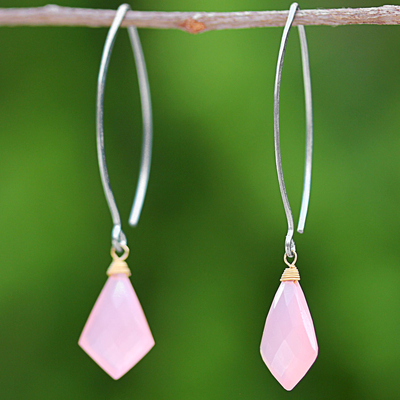 Gold accent chalcedony dangle earrings, 'Pink Lily Crystals' - Long Pink Gold Accent Chalcedony Dangle Earrings Thailand