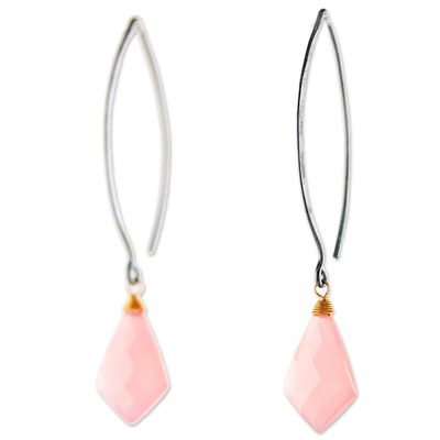 Gold accent chalcedony dangle earrings, 'Pink Lily Crystals' - Long Pink Gold Accent Chalcedony Dangle Earrings Thailand