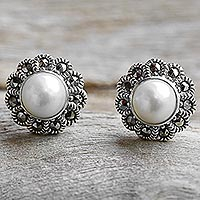 Cultured pearl and marcasite stud earrings, 'Cotton Buds' - Cultured Pearl Marcasite Stud Earrings from Thailand