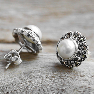 Cultured pearl and marcasite stud earrings, 'Cotton Buds' - Cultured Pearl Marcasite Stud Earrings from Thailand