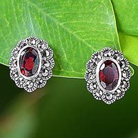 Garnet and marcasite stud earrings, 'Red Lotus Flowers'