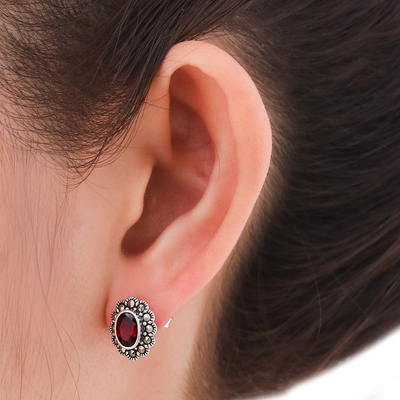 Garnet and marcasite stud earrings, 'Red Lotus Flowers' - Garnet and Marcasite Stud Earrings from Thailand