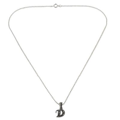 Marcasite pendant necklace, 'Silver Letter D' - Marcasite and Sterling Silver Letter D Pendant Necklace