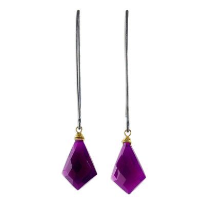 Gold accent chalcedony dangle earrings, 'Magenta Orchid' - Gold Accent Purple Chalcedony Dangle Earrings from Thailand