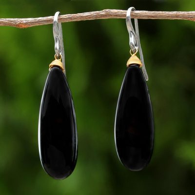 Gold Accent Black Onyx Dangle Earrings From Thailand Cosmos Drops Gold Accent Onyx Dangle Earrings Cosmos Drops In Black